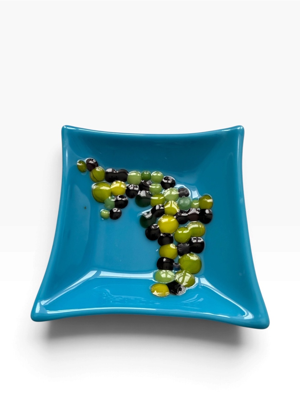 Handcrafted art glass trinket dish in blue green texture